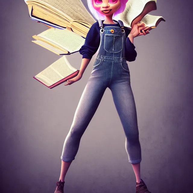 Image similar to full body pose, beautiful adult fairy, pixar, short white hair shaved sides, dirty, grungy, grunge, long sleeve, painted overalls, stacks of giant books, highly detailed, 4 k, hdr, smooth, sharp focus, high resolution, award - winning photo, artgerm, photorealistic