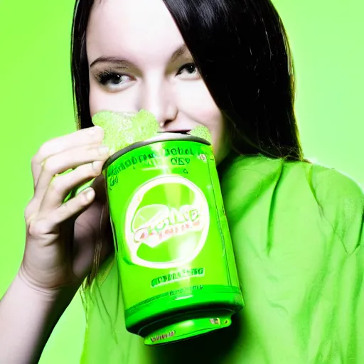 Image similar to A cute, lime green transparent slimegirl drinking from a can of lemon lime soda