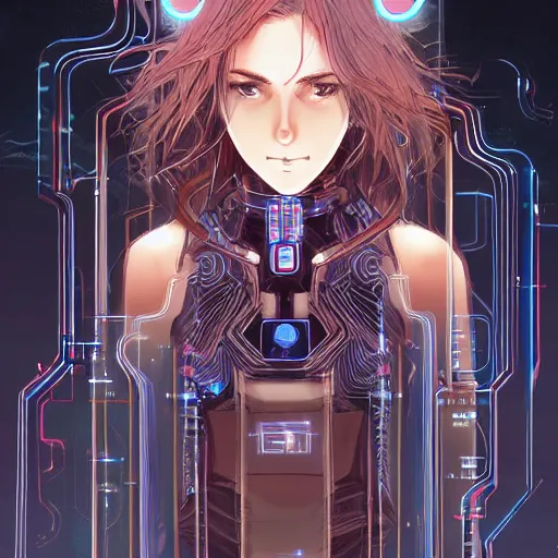 Image similar to Female mage, beautiful face, excited expression, brown flowing hair, symmetrical features, medical background, headshot, cyberpunk, luminescent, wires, cables, gadgets, Digital art, detailed, anime, artist Katsuhiro Otomo