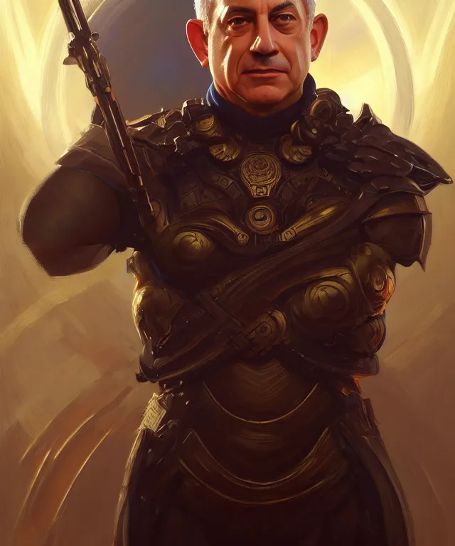 Image similar to Benjamin Netanyahu as a fantasy magic man portrait, sci-fi, amber eyes, face, fantasy, intricate, elegant, highly detailed, digital painting, artstation, concept art, smooth, sharp focus, illustration, art by artgerm and greg rutkowski and alphonse mucha