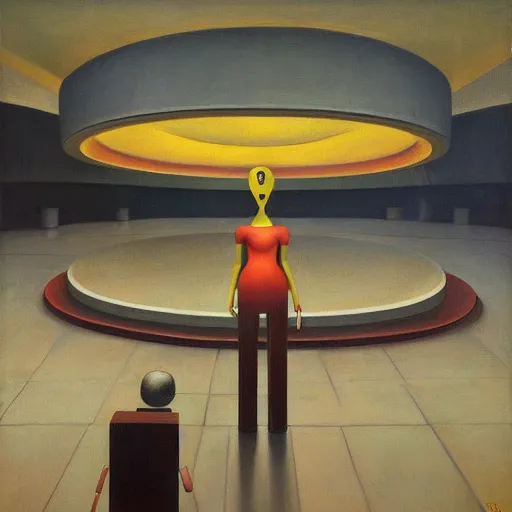 Image similar to human workers being reprogrammed at a mind control center, robot guards, human subjugation, arena, rotunda, brutalist, grant wood, pj crook, edward hopper, oil on canvas