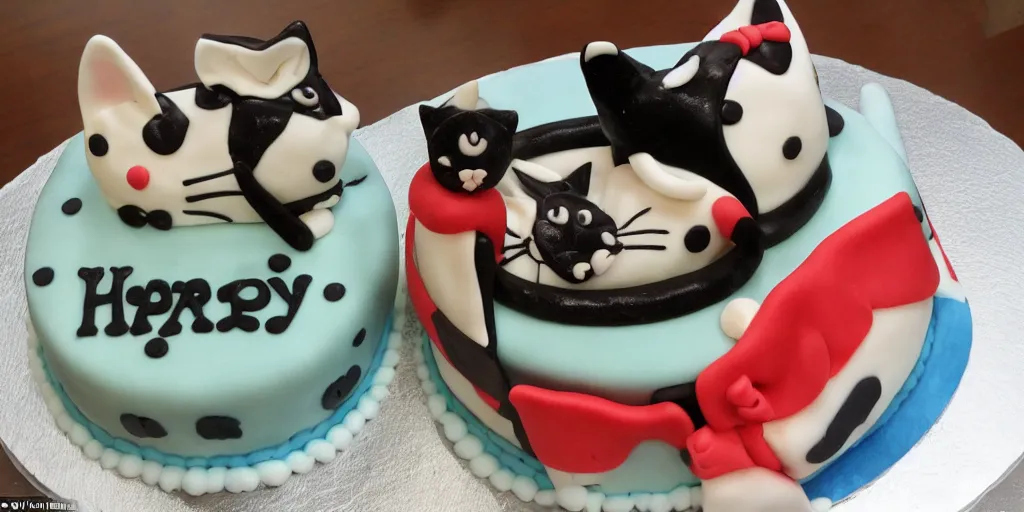 Image similar to There is a cat pattern on the birthday cake, whose left eye is blue, the right eye is red, and the ear is green. And which says 'Aza, 818 happy birthday!'