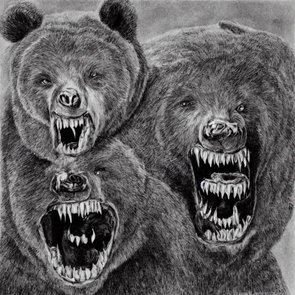 Image similar to horrifying bear, fangs, style of mark powell