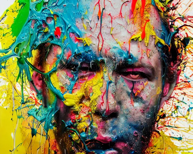 Image similar to abstract expressionist portrait of a head made of very thick impasto paint and acrylic pour and coloured powder explosion and splashing paint and dripping paint and flying paint chunks, eyes closed or not visible, expressing strong emotions, art by antony micallef, motion blur, hyperrealistic, intricate art photography, anatomically correct, realistic crisp textures, 1 6 k