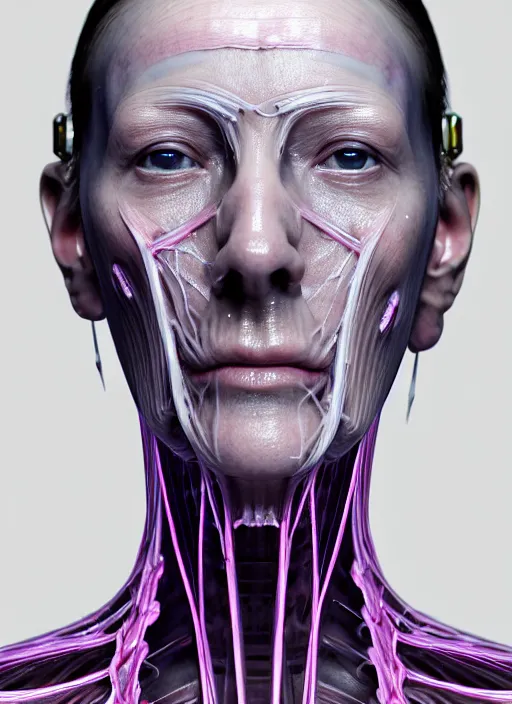 Image similar to 3 / 4 portrait, queen emma with transparent skin, visible muscle and bones and veins and nerves, hyperrealism, detailed textures, photorealistic 3 d cyberpunk hong kong city, futuristic clothing,, ultra realistic, cinematic, intricate, cinematic light, unreal engine 8 k, octane render, unreal engine by david kostic and stanley lau and artgerm