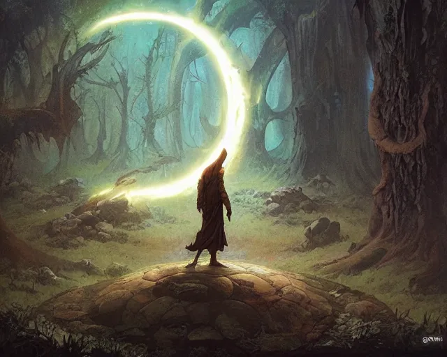 Image similar to a druid standing in a circle at the beginning of the world by greg rutkowski and frank frazetta and peter mohrbacher and william blake and dan mumford