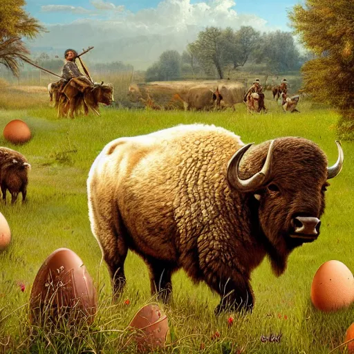 Prompt: anthropomorphic buffalo hunting easter eggs, grass, yard, oil on canvas, intricate, 8 k highly professionally detailed, hdr, cgsociety