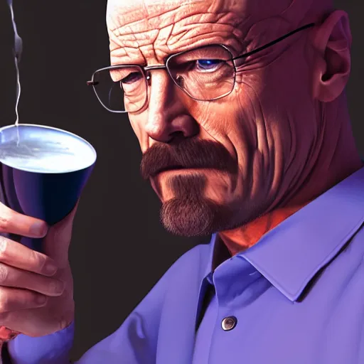 Image similar to photorealistic walter white chugging milk. hyperdetailed photorealism, 1 0 8 megapixels, amazing depth, high resolution, 3 d shading, 3 d finalrender, 3 d cinematic lighting, glowing rich colors, psychedelic overtones, artstation concept art.