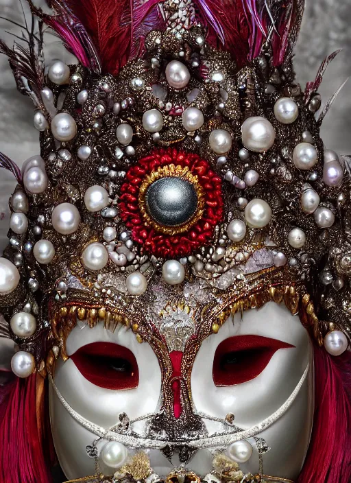 Image similar to hyperrealism, detailed textures, award winning autochrome photo, symetrical japanese pearl, beautiful animal pearl queen, autochrome pearl portrait, pearls, red feathers, silverplate, intricate, detailed facial pearl scary animal mask, pearl, golden jewelery, silverplate, ultra realistic, cinematic, intricate, by steve mccurry, unreal engine 8 k