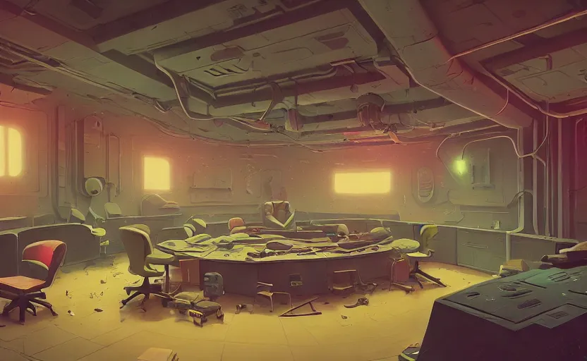 Image similar to Interior shot of a secret mysterious war room by Petros Afshar and Beeple, James Gilleard, Mark Ryden, Wolfgang Lettl highly detailed