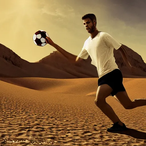 Prompt: a man playing a soccer in the desert, digital art, concept art