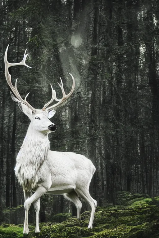 Image similar to king of the forest, a white stag, beautiful, fantasy, hyper realistic, dramatic lighting, 8k