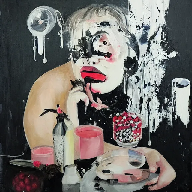 Image similar to “ a portrait in a female art student ’ s apartment, sensual, a pig theme, art supplies, paint tubes, ikebana, herbs, a candle dripping white wax, black walls, squashed berries, berry juice drips, acrylic and spray paint and oilstick on canvas, surrealism, neoexpressionism ”