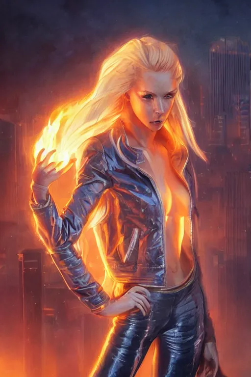 Image similar to wonderful young blonde woman with flames dancing on her hands with a long jacket in a cyberpunk city, realistic, high definition, detailed and symetric face, detailed and realistic hands, expressive eyes, 4 k, shimmering color, art by artgerm ans greg rutkowski and magali villeneuve