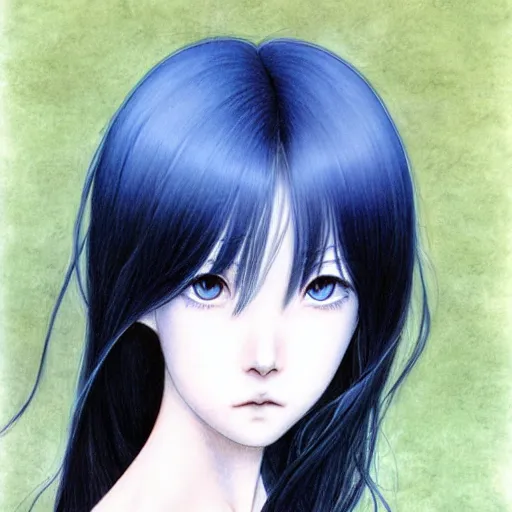 Image similar to a portrait of a character, black hair, blue eyes, by Miho Hirano