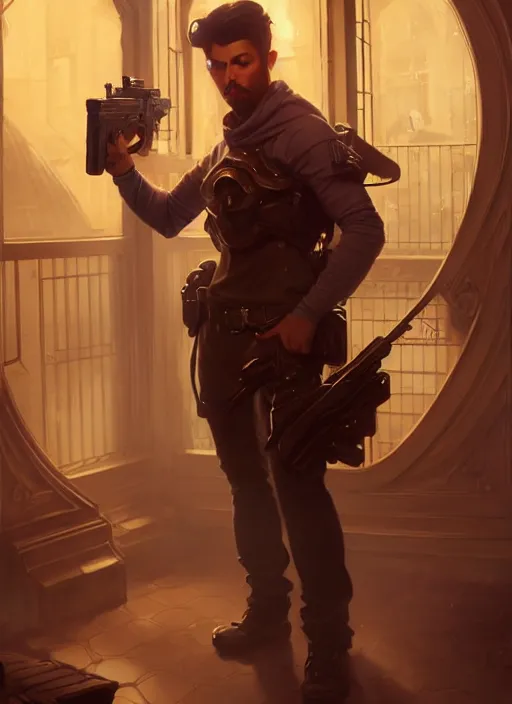 Prompt: man stands shot in blaster at the door, shotgun, details, dark room, side profile centered, by artgerm, cushart krenz, greg rutkowski, james jean. art nouveau. gloomhaven, swirly vibrant ripples, gaudy colors, sharp edges. ultra clear detailed. 8 k. elegant, intricate, octane render