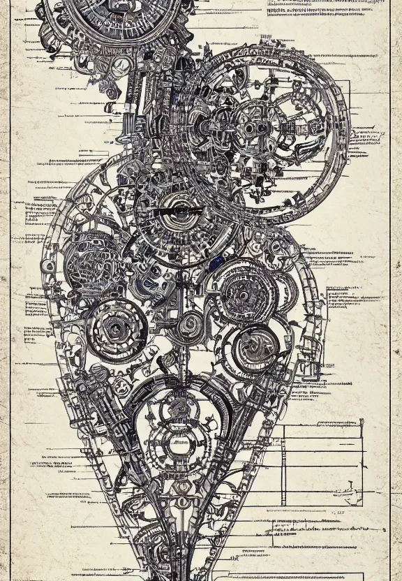 Image similar to schematic blueprint of highly detailed ornate filigreed convoluted ornamented elaborate cybernetic medical equipment, art by da vinci