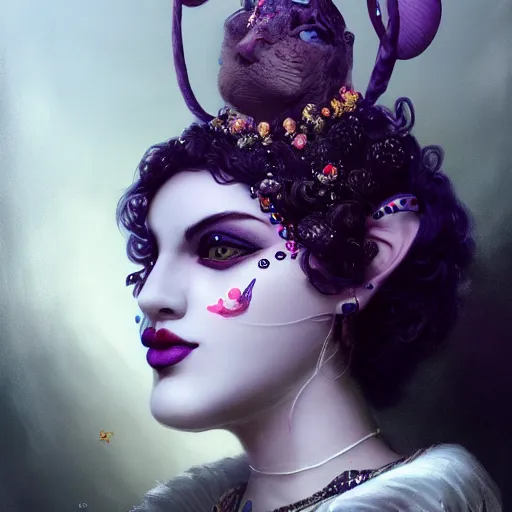 Image similar to picture generation, soft painting curiosities carnival, beautiful female anthropomorphic cat head in full long dress, accurate features, focus, very intricate ultrafine details, black white purple volumetric clouds, award winning masterpiece, octane render 8 k hd, tom bagshaw artstyle