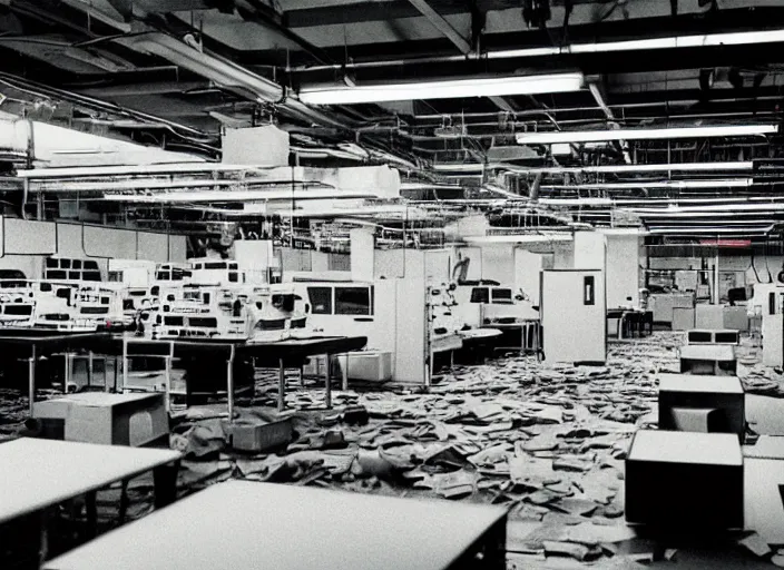 Prompt: analog data processing plant, with retro matrix printers rapidly printing sheets of paper overflowing onto the floor. 1990s computer ad style picture in high contrast color