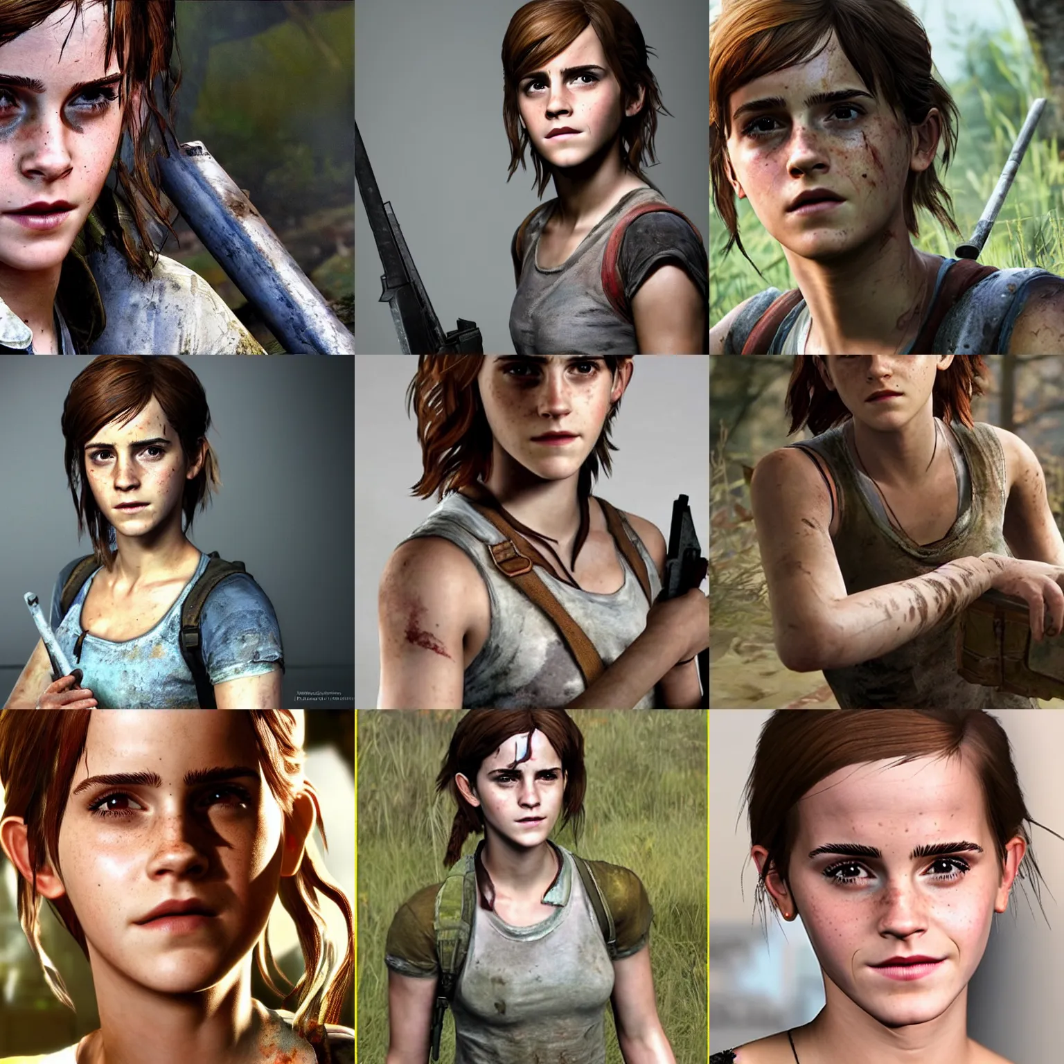 Prompt: photo of Emma Watson cosplaying as ellie from tlou2, full shot, highly detailed skin