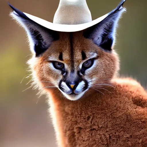 Image similar to portrait photo of cute fluffy caracal, with cowboy hat, highly detailed, high resolution, cosplay photo, stunning, bokeh soft, 1 0 0 mm, trending on instagram, by professional photographer, soldier clothing, shot with a canon, low saturation