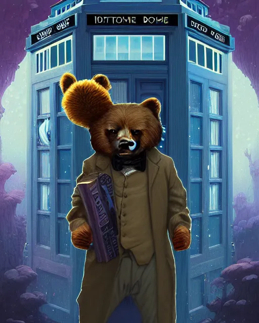 Image similar to anthropomorphic art of a detective bear inside tardis, victorian inspired clothing by artgerm, victo ngai, ryohei hase, artstation. fractal papersand books. highly detailed digital painting, smooth, global illumination, fantasy art by greg rutkowsky, karl spitzweg