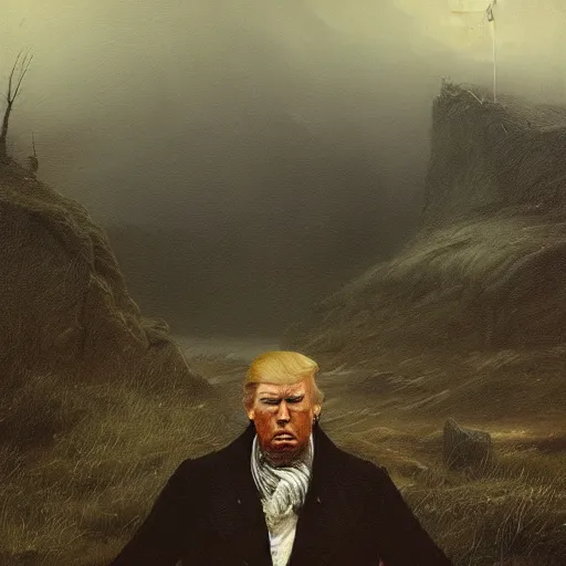 Prompt: donald trump in anguish a desolate misty landscape, painted by caspar david friedrich and greg rutkowski