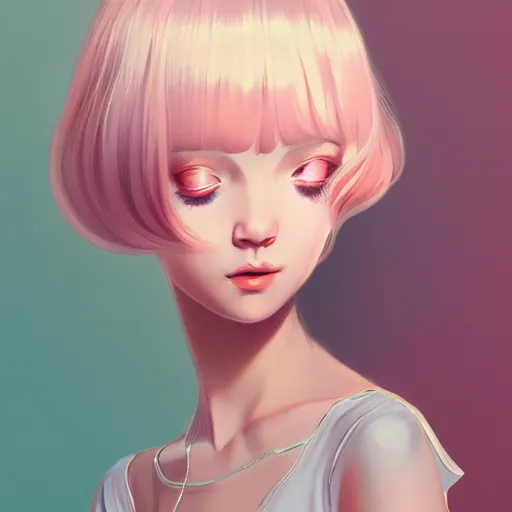 Image similar to young girl in summer dress art, pastel light pink long hair, muted colors, matte print, pastel colors, ornate, digital art, digital painting, fan art, elegant, artstation, head is centered, by Ilya Kuvshinov