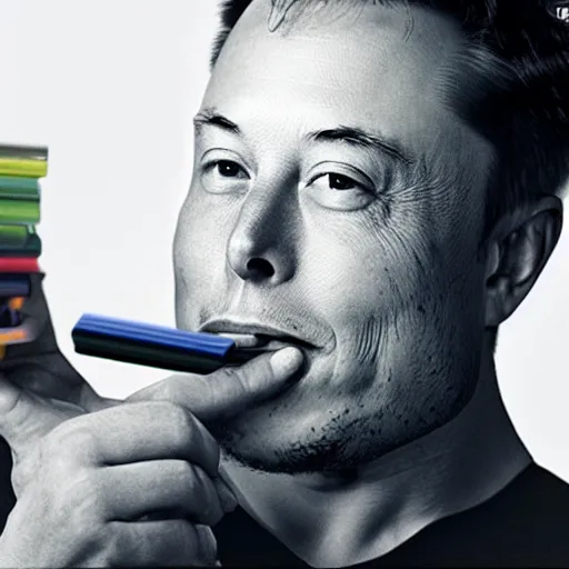 Image similar to elon musk eating crayons, realistic, award winning, photography,