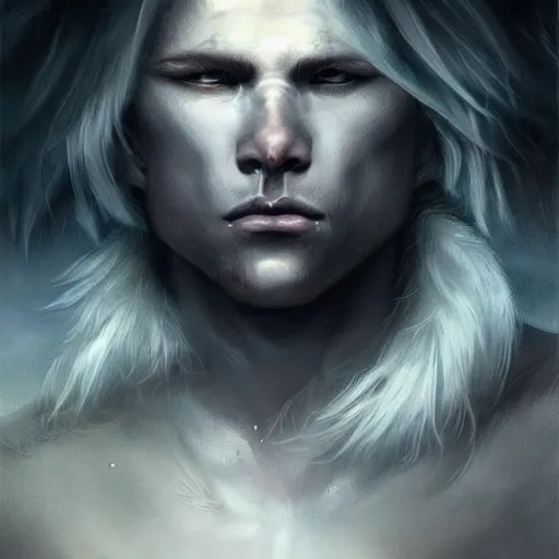 Image similar to aesthetic portrait commission of a albino muscular and attractive anthro lion as a character form game of thrones, gloomy/wet atmosphere, dim lighting, hyperdetailed. Character design by charlie bowater, ross tran, artgerm, and makoto shinkai, detailed, inked, western comic book art, 2021 award winning painting