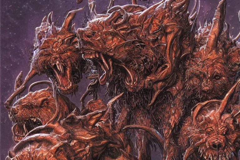 Prompt: cerberus hyperdetailed photo of a cerberus by ed binkley, wayne barlowe, alex horley, johfra bosschart, craig mullins, three head one body, cerberus, details