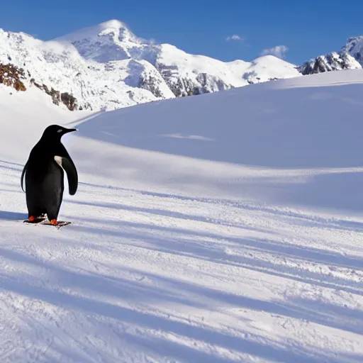 Image similar to penguin (on skis) skiing on snow, snowy mountain background, snowing