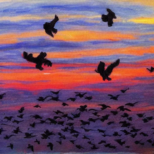 Image similar to a painting of a beautiful flock of crows flying at sunset, trending on artstation, masterpiece, in the style of Claude Monet