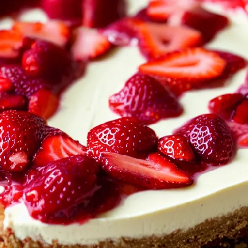 Image similar to close view of a delicious sweet and perfect strawberry cheesecake piece, award winning, 4 k, beautiful