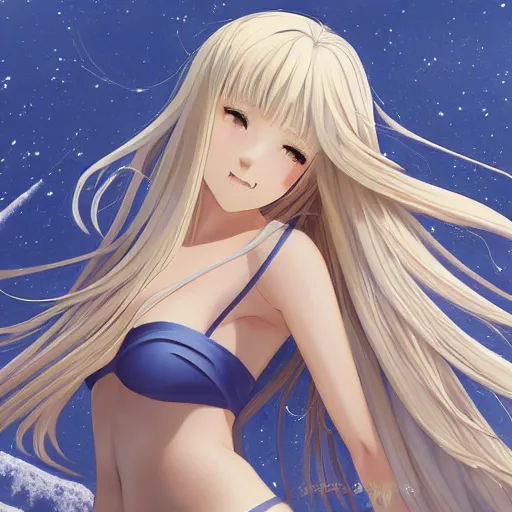 Prompt: winter picture : a shivering very beautiful grown blond anime girl, extremely long blond hair that covers the ground, extremely long blond hair that covers the ground, extremely long blond hair that covers the ground, extremely long blond hair that covers the ground, detailed sky blue eyes, cute, bikini, white miniskirt, highly detailed, cinematic wallpaper by stanley artgerm lau art