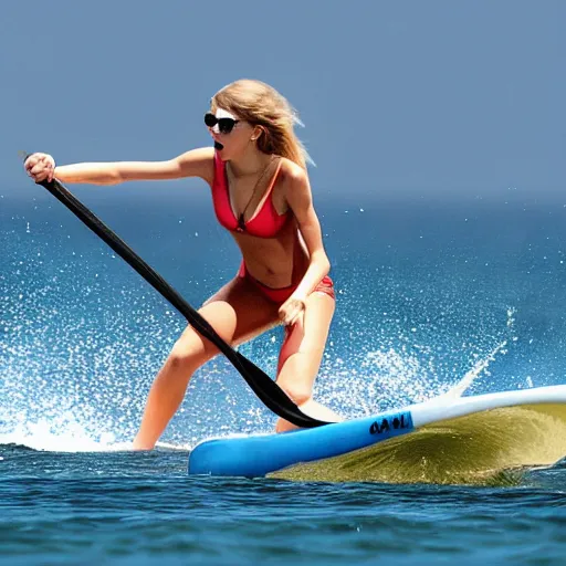 Prompt: taylor swift doing paddle surf in albacete realistic photograph