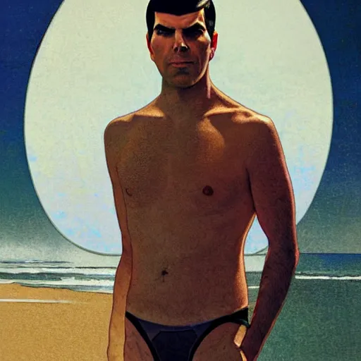 Image similar to portrait of ZACHARY QUINTO SPOCK posing for fashion magazine, beach, sun shining, (SFW) safe for work, photo realistic illustration by greg rutkowski, thomas kindkade, alphonse mucha, loish, norman rockwell