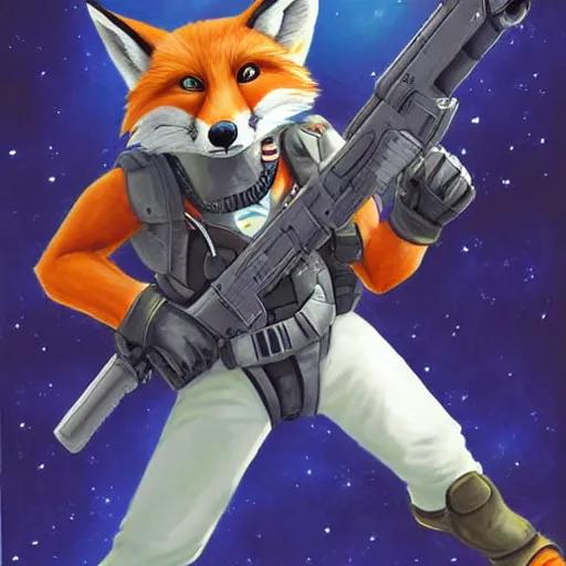 Prompt: an action portrait of fox mccloud holding a blaster, suspenseful, heroic, anthropomorphic furaffinity furry fursona art, star fox, by peter elson