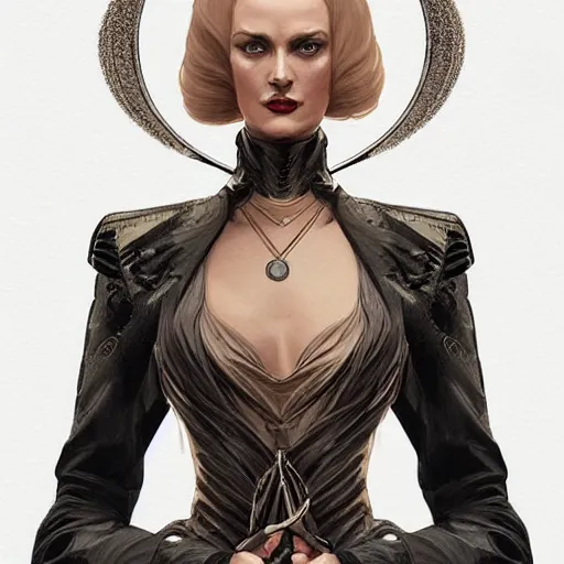 Image similar to “ daria strokous as james bond villainess with evil grin, intricate, elegant, highly detailed, digital painting, artstation, concept art, smooth, sharp focus, illustration, art by artgerm and greg rutkowski and alphonse mucha ”