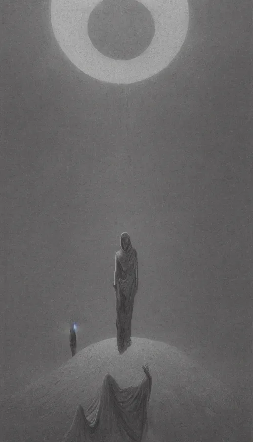 Prompt: the cult on the red moon shined desert, standing in the circle, screaming giant in the background by Zdzislaw beksinski