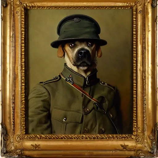 Prompt: dog dressed as a veteran colonel of the first world war german army, highly detailed painting by gaston bussiere, craig mullins, j. c. leyendecker