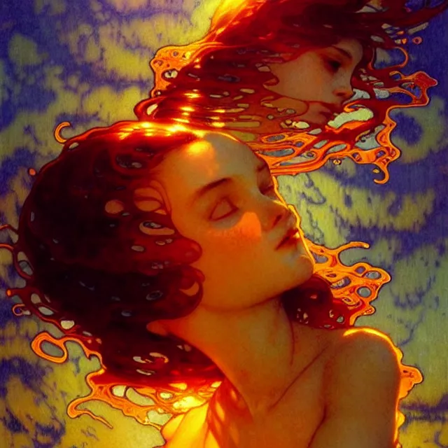 Image similar to mind bending ocean waves of glossy liquid honey drops flowing like psychedelic translucent amber, lsd waves, lsd ripples, backlit, sunset, refracted lighting, art by collier, albert aublet, krenz cushart, artem demura, alphonse mucha