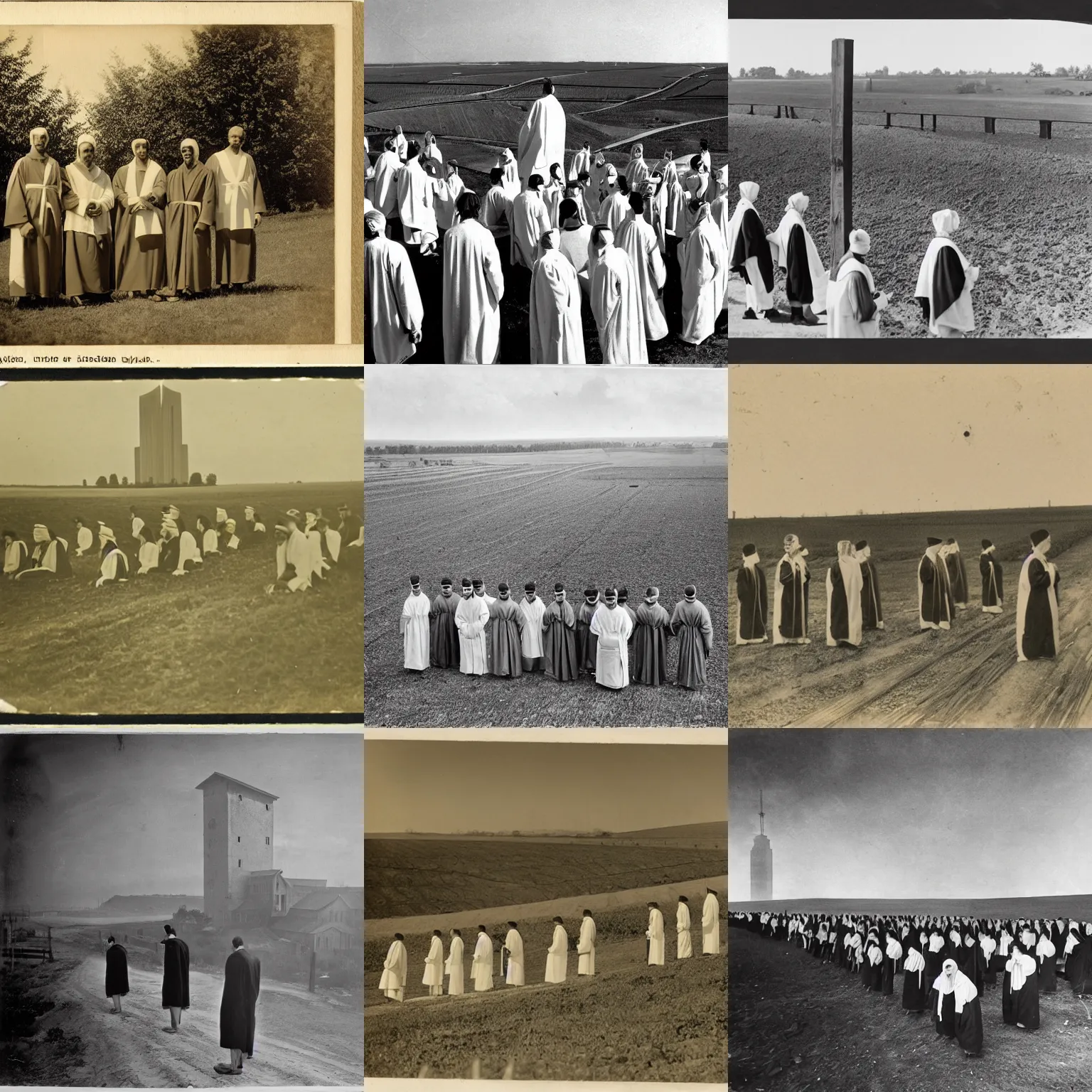Prompt: worshippers dressed in robes belonging to the cult of the skyscraper. a massive skyscraper built in the middle of nowhere. Farmland. 1800s photo.