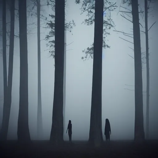 Image similar to Three ominous figures standing amongst a tall skinny tree forest with eerie fog covering the ground. Creepy glowing eyes coming from the fog and a night time setting