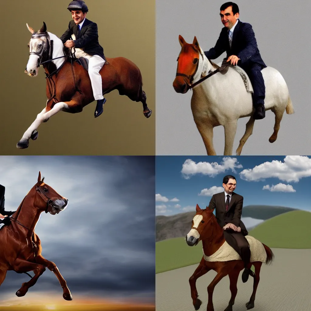 Prompt: mr bean riding a very small horse, shrap focus, photorealistic