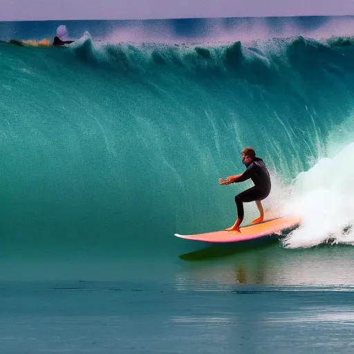 Image similar to professional photo of a surfer on a huge wave, summer season, 8 k