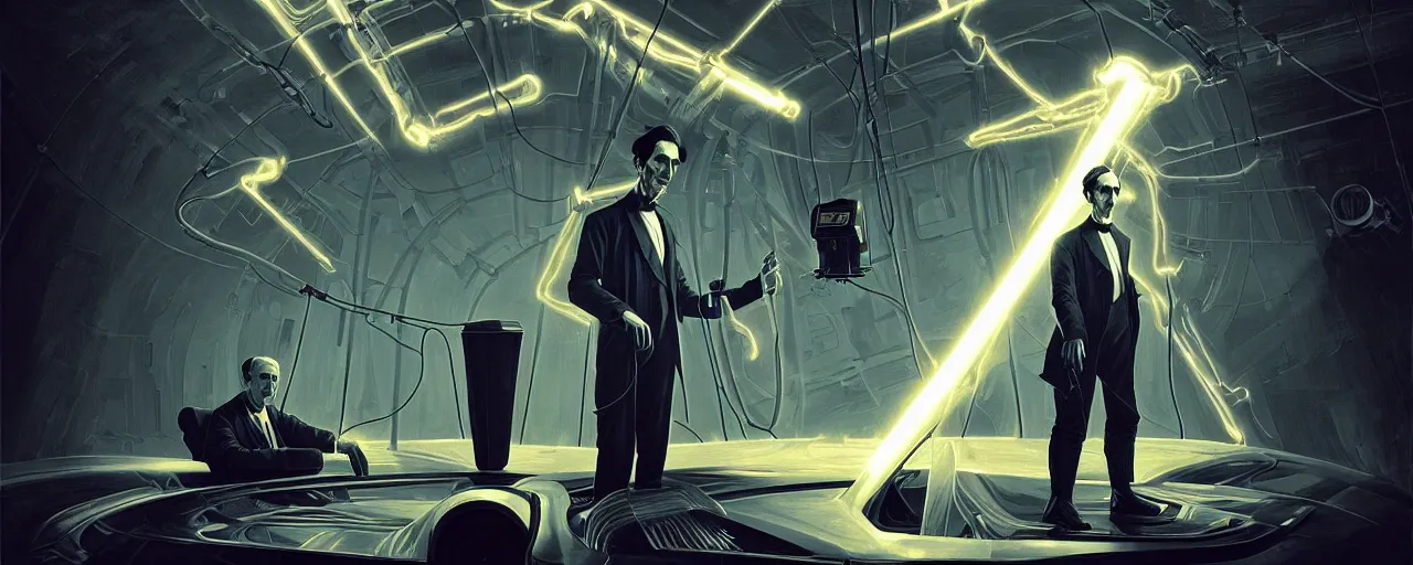 Image similar to duotone dark scifi illustration 3 / 4 portrait of nikola tesla with conducting eletricity experiments with tesla coils. cinematic lighting. golden ratio accidental renaissance. by sachin teng and sergey kolesov and ruan jia and heng z. graffiti art, scifi, fantasy, hyper detailed. octane render. concept art. trending on artstation