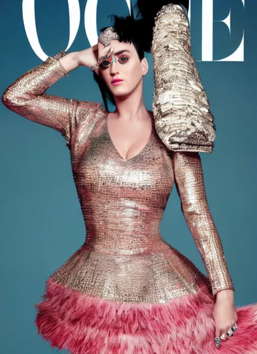 Image similar to katy perry styled by nick knight posing, full body shot, vogue magazine, canon, highly realistic. high resolution. highly detailed. dramatic. 8 k. 4 k.