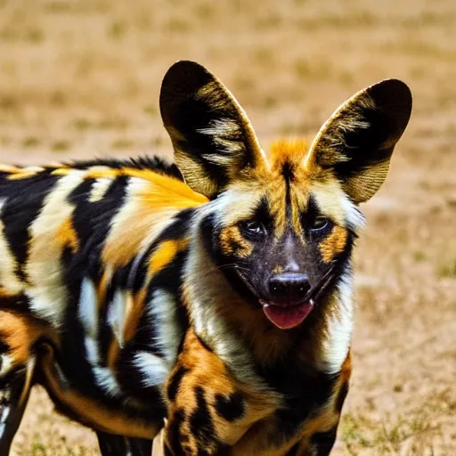 Prompt: A photo of the world's greatest sheriff: an african painted dog wearing a sombrero!