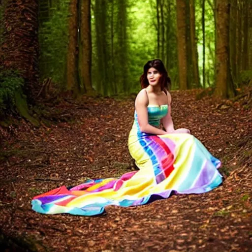 Image similar to picture of gemma arterton wearing a long rainbow wedding gown, sitting in a colorful forest